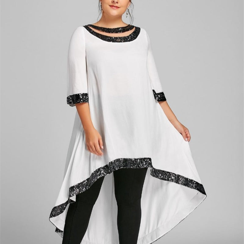 【2024-XL-5XL】Plus Dimensiune fustă vrac, culoare solidă de mătase strălucitoare Hem, Spliced rochii cu mânecă scurtă