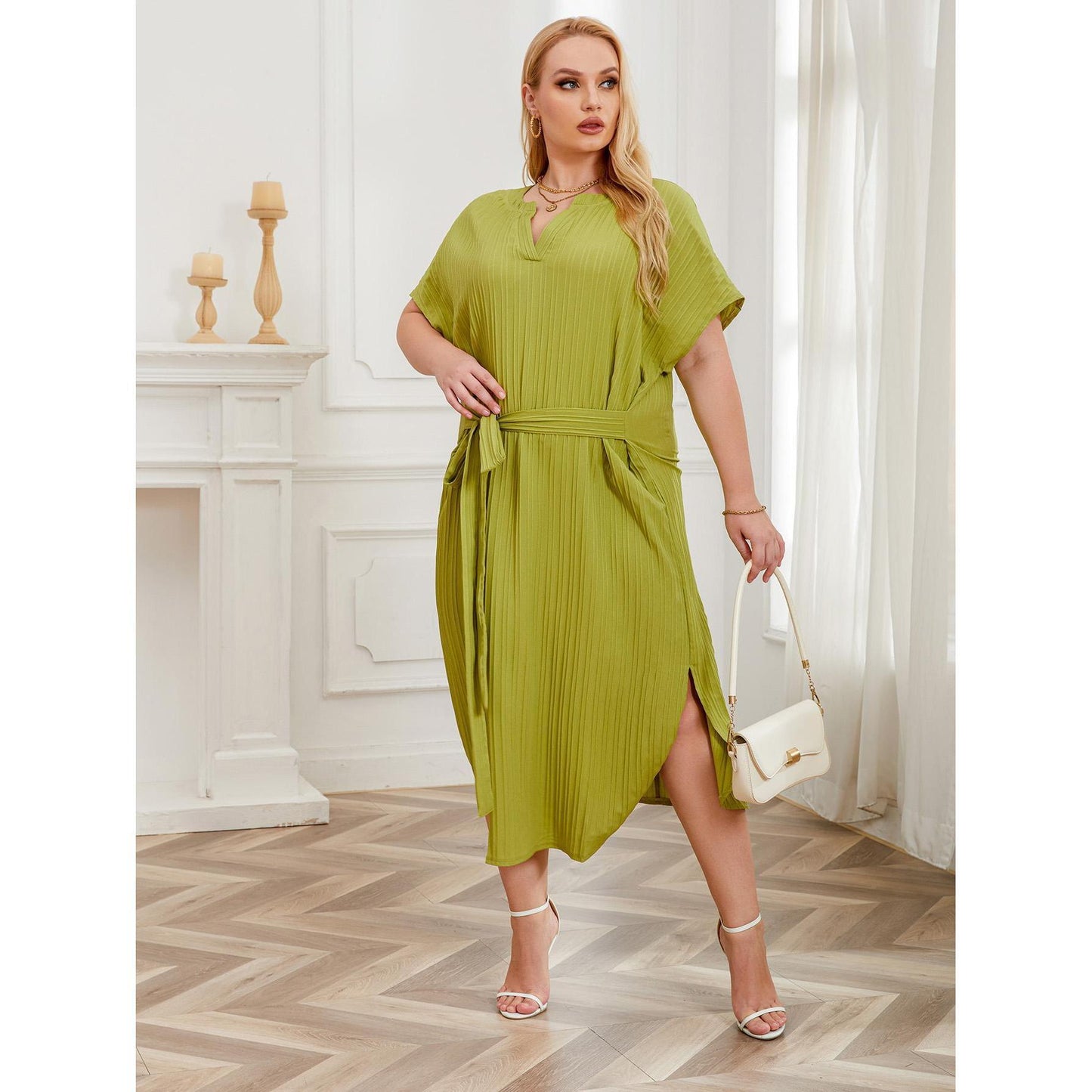 【XL-4XL-2024】Culoare solidă Rochii cu mânecă lejeră înfiletată Plus Dimensiune