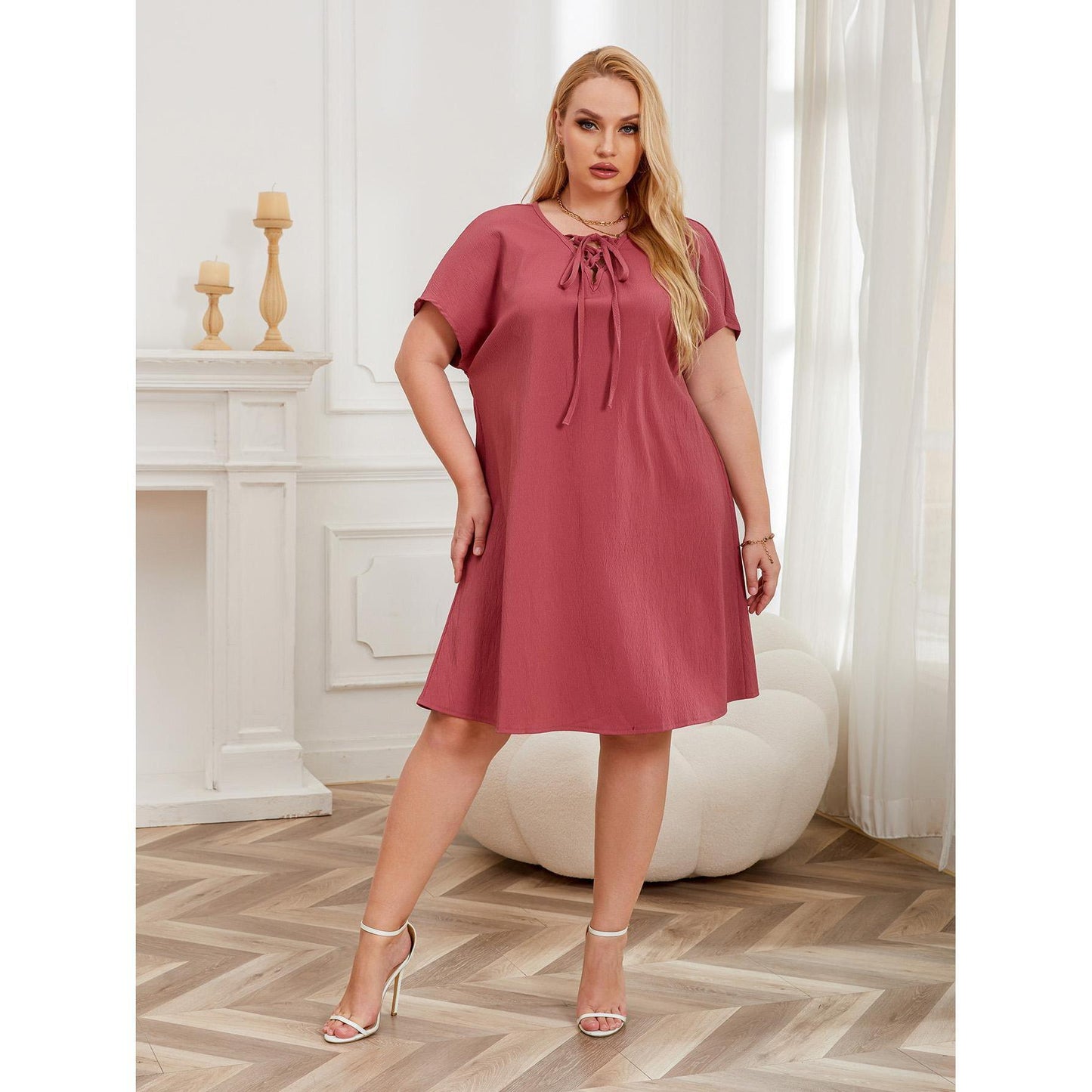 【XL-4XL-2024】Culoare solidă cu mânecă scurtă Moda Commuter Plus Dimensiune Rochii