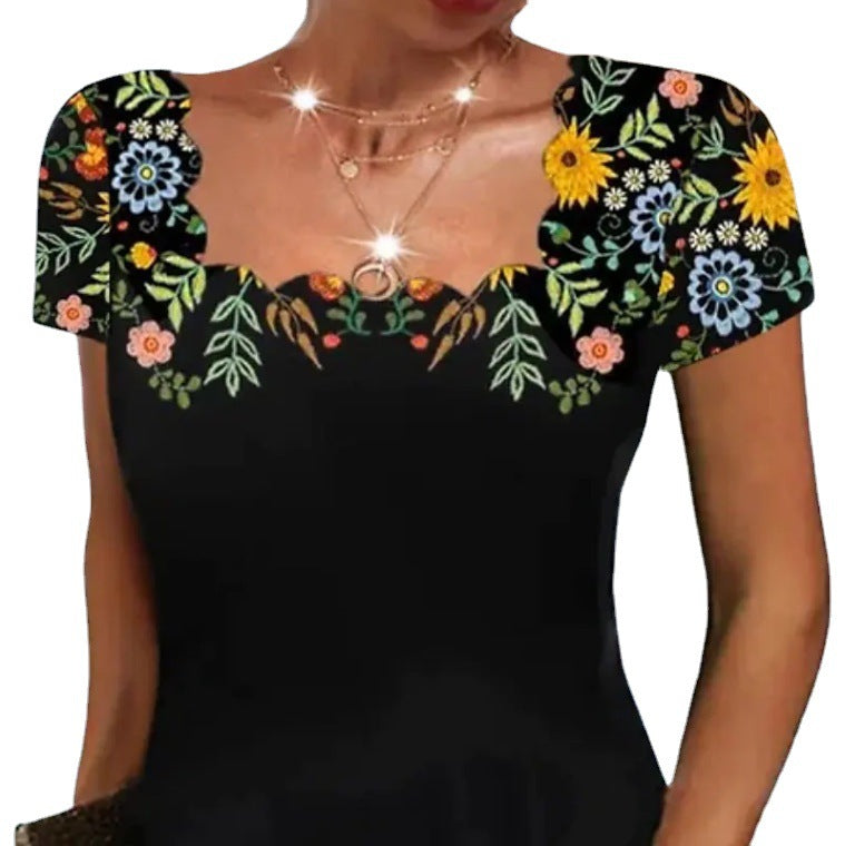 【S-3XL-2024】Summer New Femei Wave Neck imprimat cu mânecă scurtă rochie