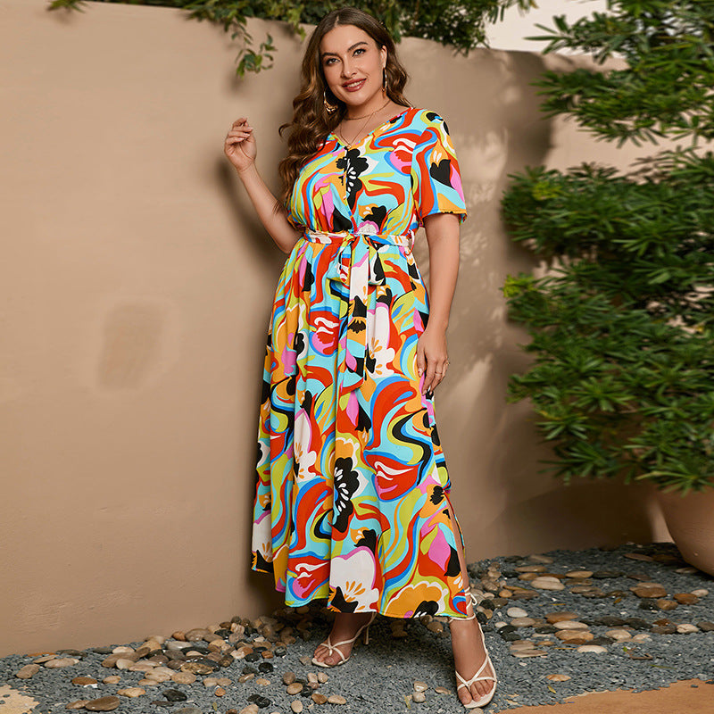 【2024-XL-5XL】Art Iluzie Plus Dimensiune rochie scurtă maneca sifon rochie lungă