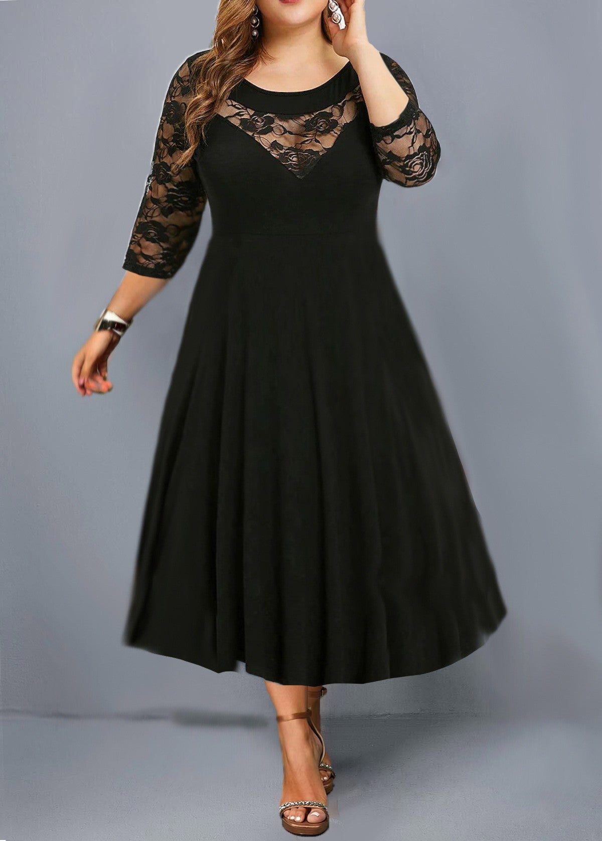 【2024-L-6XL】Lace Splicing primi talie mare Swing rochie rotund gât șapte maneca Plus Dimensiune rochii