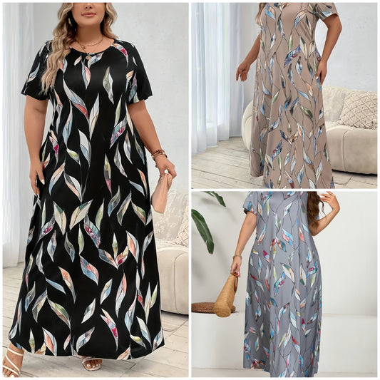 【2024-XL-5XL】Imprimeu floral floral, vrac și confortabil, gât rotund, plus dimensiunea, rochie cu mânecă scurtă