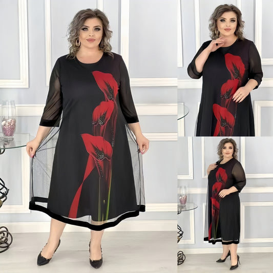 【2024-S-5XL】Rochii noi plus size, din plasă, cu gât rotund, imprimate