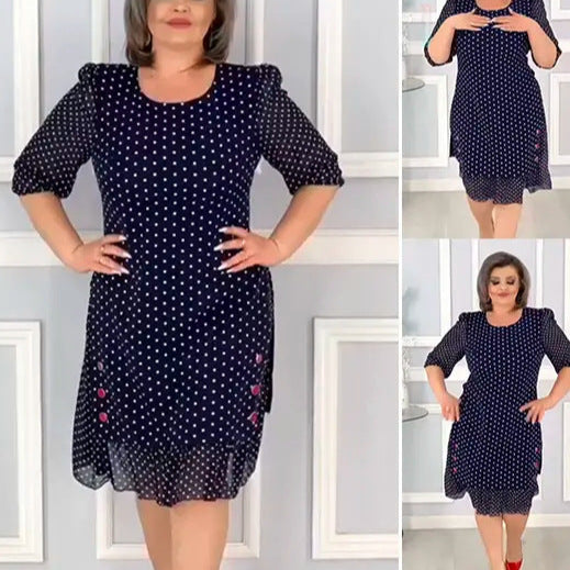 【S-5XL-2024】Vara nou gât rotund cu mânecă scurtă de lungime medie polka dot rochii