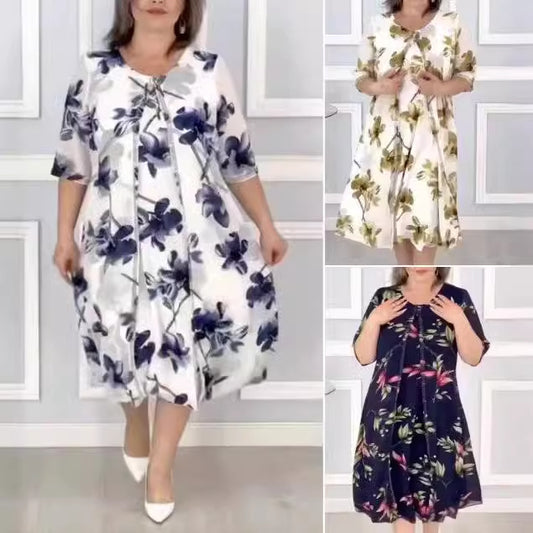 【S-5XL-2024】Vara nou gât rotund moda cu mânecă scurtă imprimate rochii