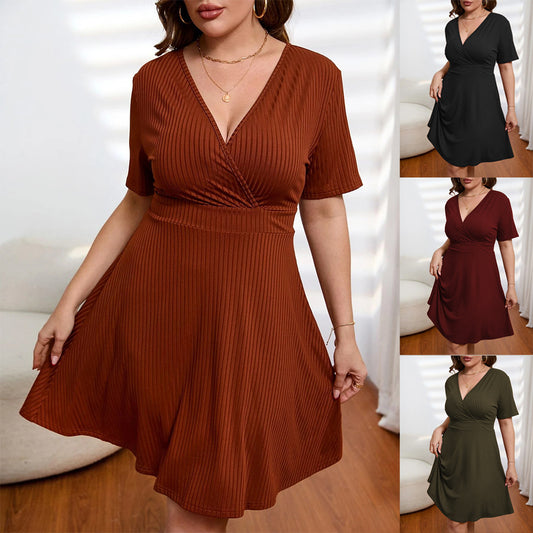 【XL-3XL-2024】New Deep V Waisted Short Sleeve Solid Colour Knitted Dresses